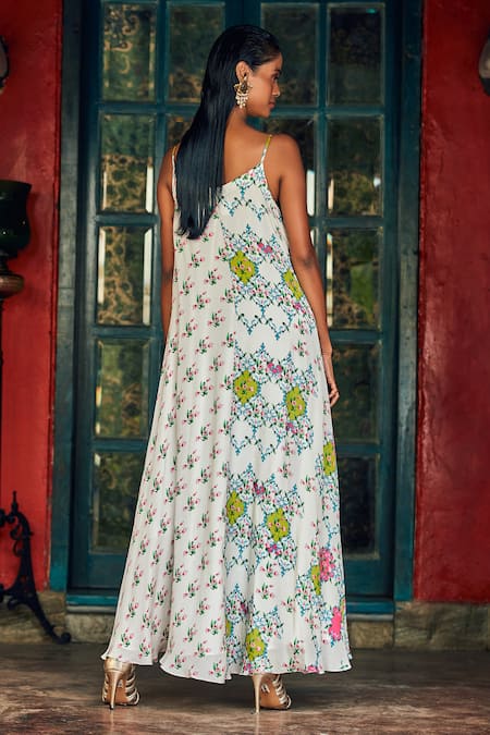 Shop Nautanky White Crepe V Neck Floral Print Asymmetric Dress at Aza Fashions Shop_Nautanky_White Crepe V Neck Floral Print Asymmetric Dress _at_Aza_Fashions