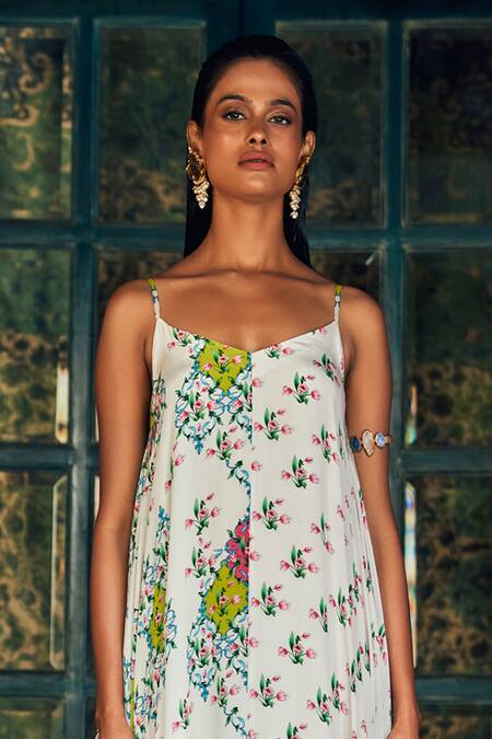 Shop Nautanky White Crepe V Neck Floral Print Asymmetric Dress Online at Aza Fashions Shop_Nautanky_White Crepe V Neck Floral Print Asymmetric Dress _Online_at_Aza_Fashions