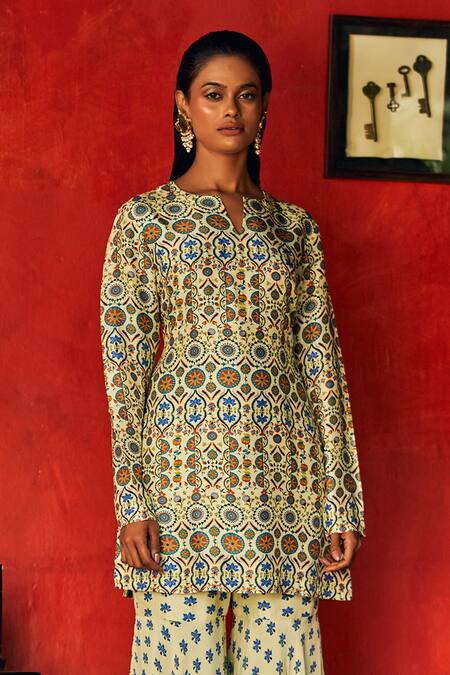 Shop Nautanky Beige Crepe Notched Floral Print Kurta And Sharara Set Online at Aza Fashions Shop_Nautanky_Beige Crepe Notched Floral Print Kurta And Sharara Set _Online_at_Aza_Fashions