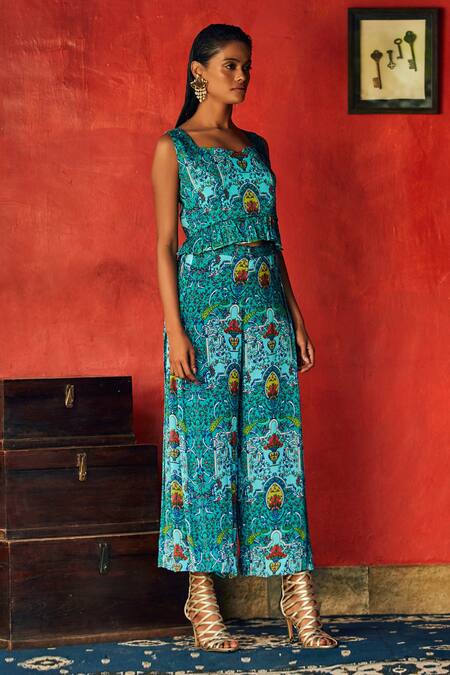 Nautanky_Blue Chiffon Sweetheart Neck Floral Print Pant Set _Online_at_Aza_Fashions