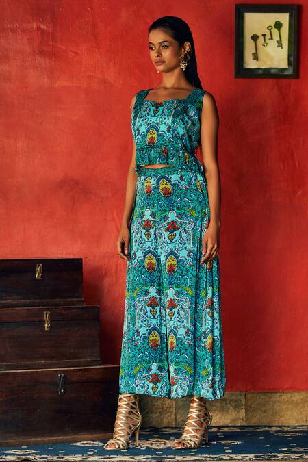 Buy_Nautanky_Blue Chiffon Sweetheart Neck Floral Print Pant Set _Online_at_Aza_Fashions