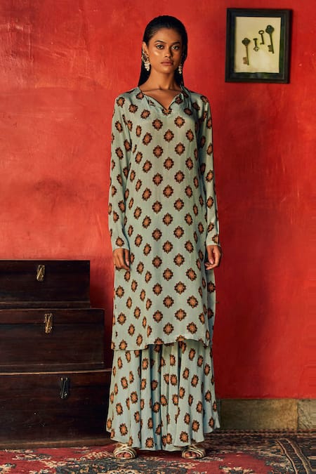 Nautanky Blue Crepe V Neck Floral Print Kurta And Sharara Set