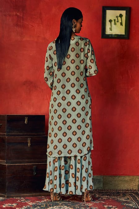 Shop Nautanky Blue Crepe V Neck Floral Print Kurta And Sharara Set at Aza Fashions Shop_Nautanky_Blue Crepe V Neck Floral Print Kurta And Sharara Set _at_Aza_Fashions