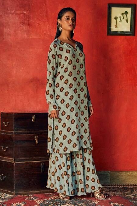 Nautanky Blue Crepe V Neck Floral Print Kurta And Sharara Set Online at Aza Fashions Nautanky_Blue Crepe V Neck Floral Print Kurta And Sharara Set _Online_at_Aza_Fashions