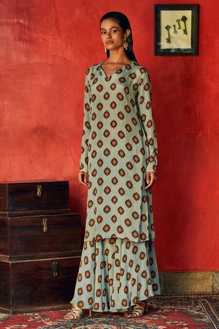 Buy Nautanky Blue Crepe V Neck Floral Print Kurta And Sharara Set Online at Aza Fashions Buy_Nautanky_Blue Crepe V Neck Floral Print Kurta And Sharara Set _Online_at_Aza_Fashions