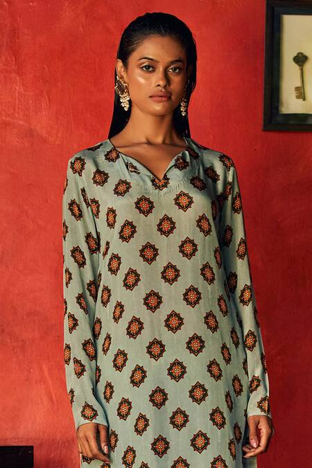 Shop Nautanky Blue Crepe V Neck Floral Print Kurta And Sharara Set Online at Aza Fashions Shop_Nautanky_Blue Crepe V Neck Floral Print Kurta And Sharara Set _Online_at_Aza_Fashions