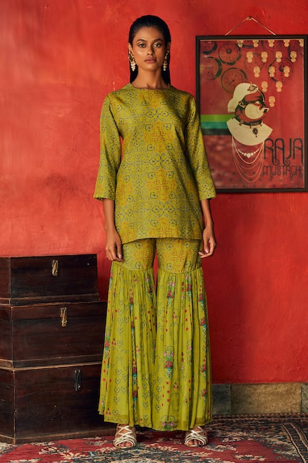 Nautanky Green Silk, Chiffon Round Printed Kurta And Sharara Set