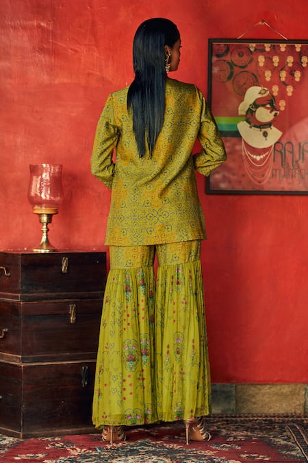Shop Nautanky Green Silk, Chiffon Round Printed Kurta And Sharara Set at Aza Fashions Shop_Nautanky_Green Silk, Chiffon Round Printed Kurta And Sharara Set _at_Aza_Fashions