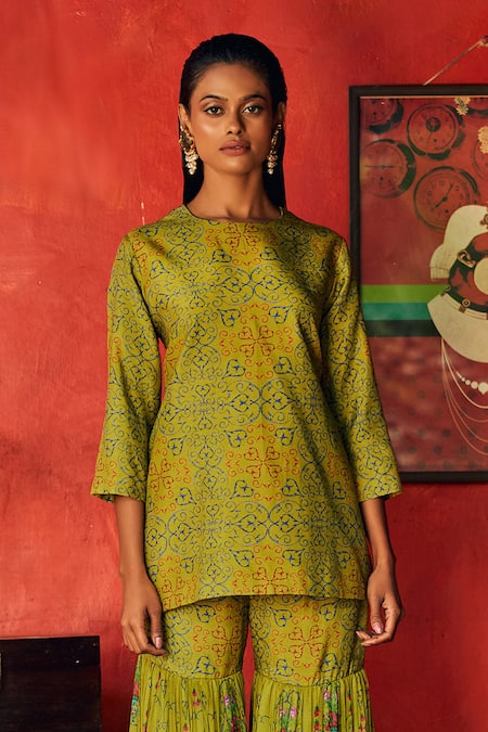 Shop Nautanky Green Silk, Chiffon Round Printed Kurta And Sharara Set Online at Aza Fashions Shop_Nautanky_Green Silk, Chiffon Round Printed Kurta And Sharara Set _Online_at_Aza_Fashions