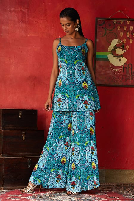 Nautanky Blue Chiffon Scoop Neck Floral Print Kurta And Flared Pant Set