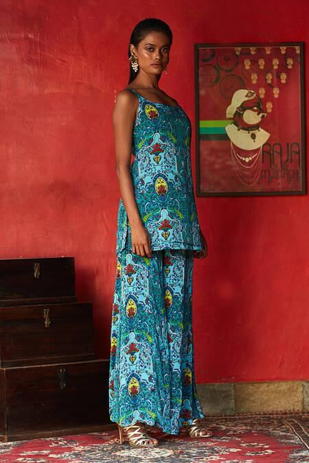 Nautanky Blue Chiffon Scoop Neck Floral Print Kurta And Flared Pant Set Online at Aza Fashions Nautanky_Blue Chiffon Scoop Neck Floral Print Kurta And Flared Pant Set _Online_at_Aza_Fashions