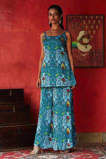 Buy Nautanky Blue Chiffon Scoop Neck Floral Print Kurta And Flared Pant Set Online at Aza Fashions Buy_Nautanky_Blue Chiffon Scoop Neck Floral Print Kurta And Flared Pant Set _Online_at_Aza_Fashions
