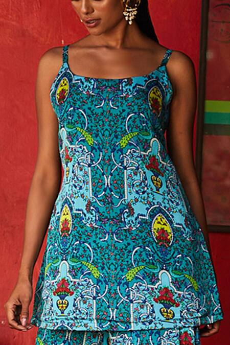 Nautanky Blue Chiffon Scoop Neck Floral Print Kurta And Flared Pant Set at Aza Fashions Nautanky_Blue Chiffon Scoop Neck Floral Print Kurta And Flared Pant Set _at_Aza_Fashions