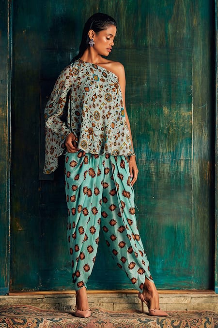 Nautanky_Blue Crepe Asymmetric Floral Print One Shoulder Top And Tulip Pant Set _Online_at_Aza_Fashions