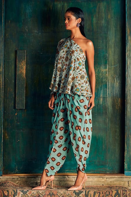 Buy_Nautanky_Blue Crepe Asymmetric Floral Print One Shoulder Top And Tulip Pant Set _Online_at_Aza_Fashions