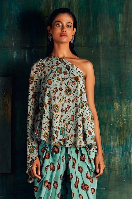 Shop_Nautanky_Blue Crepe Asymmetric Floral Print One Shoulder Top And Tulip Pant Set _Online_at_Aza_Fashions