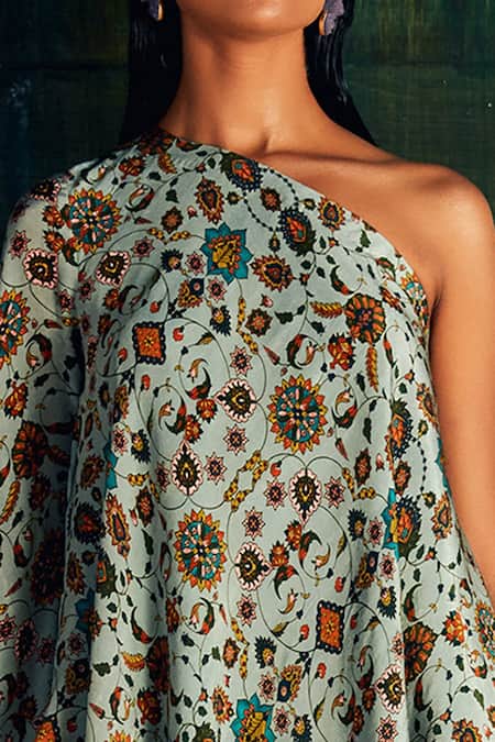 Nautanky_Blue Crepe Asymmetric Floral Print One Shoulder Top And Tulip Pant Set _at_Aza_Fashions