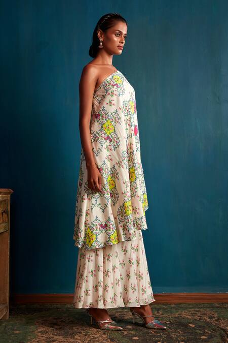 Nautanky White Crepe Asymmetric Floral Print One Shoulder Kurta And Sharara Set Online at Aza Fashions Nautanky_White Crepe Asymmetric Floral Print One Shoulder Kurta And Sharara Set _Online_at_Aza_Fashions