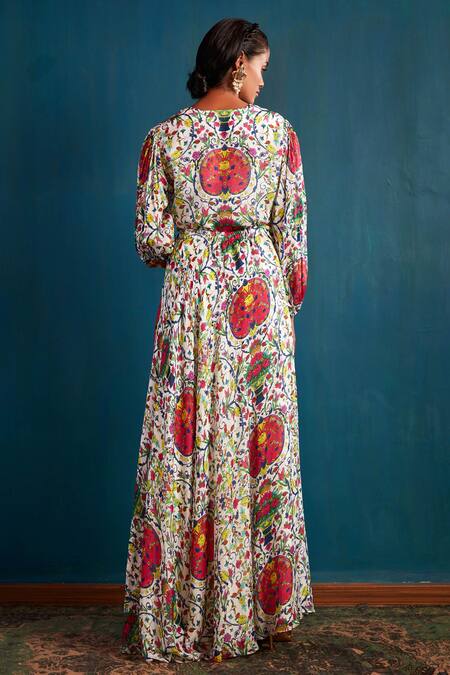 Shop Nautanky White Chiffon V Neck Floral Print Skirt Set at Aza Fashions Shop_Nautanky_White Chiffon V Neck Floral Print Skirt Set _at_Aza_Fashions