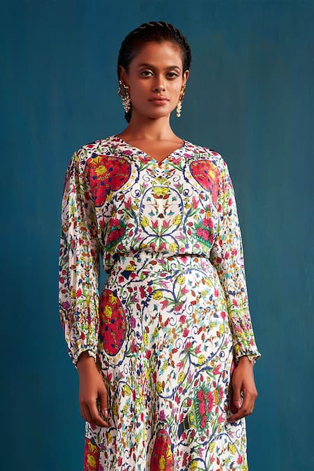 Shop Nautanky White Chiffon V Neck Floral Print Skirt Set Online at Aza Fashions Shop_Nautanky_White Chiffon V Neck Floral Print Skirt Set _Online_at_Aza_Fashions