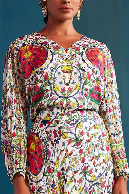 Nautanky White Chiffon V Neck Floral Print Skirt Set at Aza Fashions Nautanky_White Chiffon V Neck Floral Print Skirt Set _at_Aza_Fashions