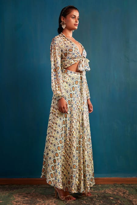 Nautanky_Beige Chiffon V Neck Floral Print Skirt Set _Online_at_Aza_Fashions