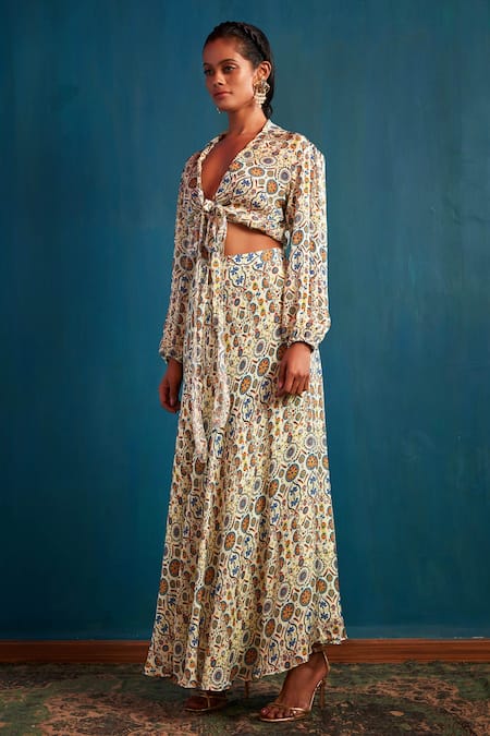 Buy_Nautanky_Beige Chiffon V Neck Floral Print Skirt Set _Online_at_Aza_Fashions