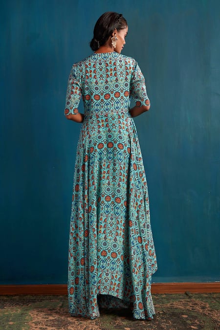Shop Nautanky Blue Crepe V Neck Floral Print Dress at Aza Fashions Shop_Nautanky_Blue Crepe V Neck Floral Print Dress _at_Aza_Fashions
