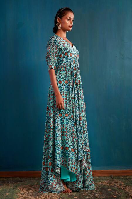 Nautanky Blue Crepe V Neck Floral Print Dress Online at Aza Fashions Nautanky_Blue Crepe V Neck Floral Print Dress _Online_at_Aza_Fashions