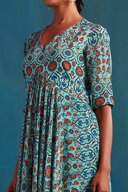Shop Nautanky Blue Crepe V Neck Floral Print Dress Online at Aza Fashions Shop_Nautanky_Blue Crepe V Neck Floral Print Dress _Online_at_Aza_Fashions