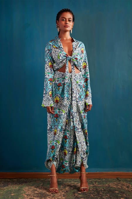 Nautanky Blue Silk Spread Collar Floral Print Dhoti Pant Set 