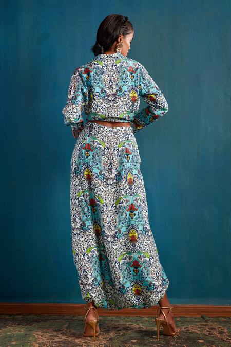 Shop Nautanky Blue Silk Spread Collar Floral Print Dhoti Pant Set at Aza Fashions Shop_Nautanky_Blue Silk Spread Collar Floral Print Dhoti Pant Set _at_Aza_Fashions