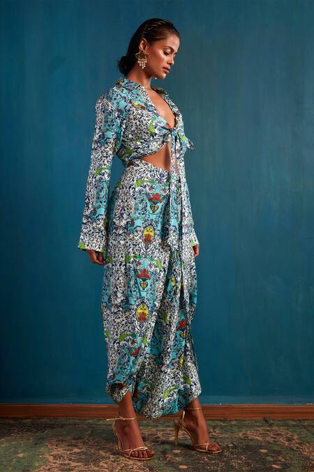 Nautanky Blue Silk Spread Collar Floral Print Dhoti Pant Set Online at Aza Fashions Nautanky_Blue Silk Spread Collar Floral Print Dhoti Pant Set _Online_at_Aza_Fashions