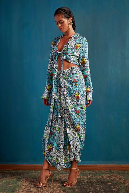 Buy Nautanky Blue Silk Spread Collar Floral Print Dhoti Pant Set Online at Aza Fashions Buy_Nautanky_Blue Silk Spread Collar Floral Print Dhoti Pant Set _Online_at_Aza_Fashions