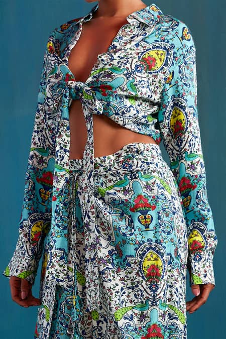 Shop Nautanky Blue Silk Spread Collar Floral Print Dhoti Pant Set Online at Aza Fashions Shop_Nautanky_Blue Silk Spread Collar Floral Print Dhoti Pant Set _Online_at_Aza_Fashions