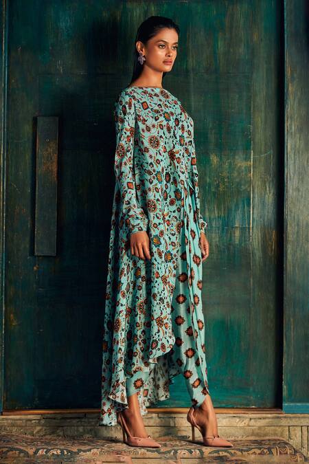 Nautanky_Blue Chiffon Straight Floral Print Kurta And Tulip Pant Set _Online_at_Aza_Fashions