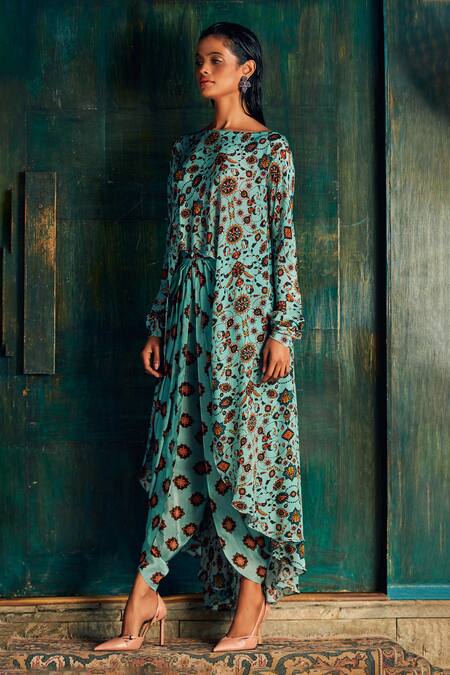 Buy_Nautanky_Blue Chiffon Straight Floral Print Kurta And Tulip Pant Set _Online_at_Aza_Fashions