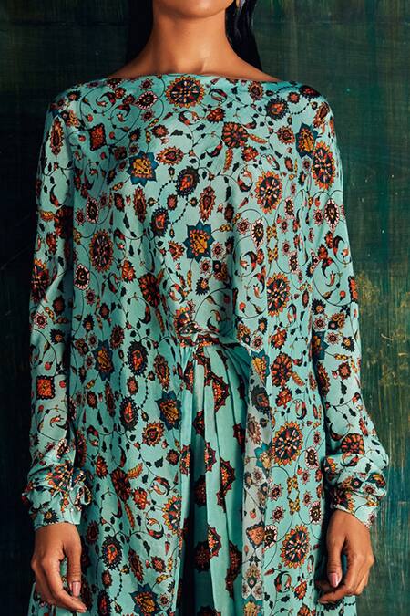 Nautanky_Blue Chiffon Straight Floral Print Kurta And Tulip Pant Set _at_Aza_Fashions