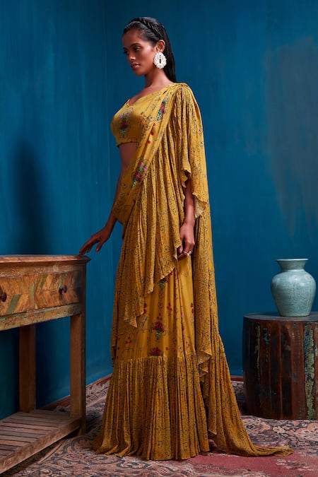 Nautanky_Green Crepe V Neck Floral Print Lehenga Set _Online_at_Aza_Fashions