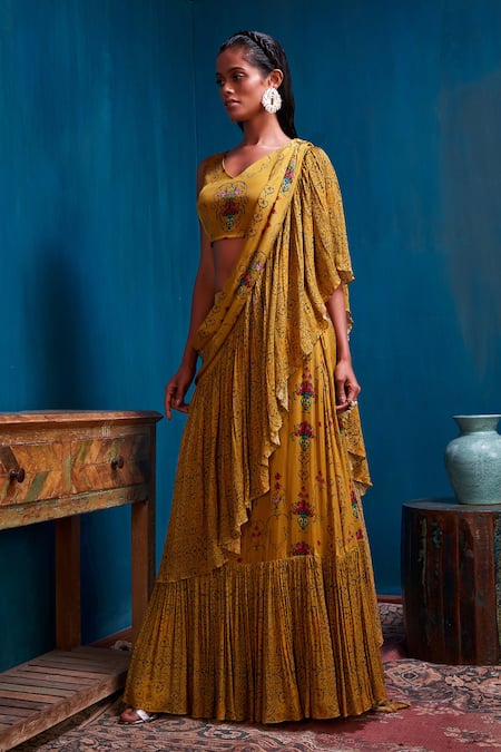 Buy_Nautanky_Green Crepe V Neck Floral Print Lehenga Set _Online_at_Aza_Fashions