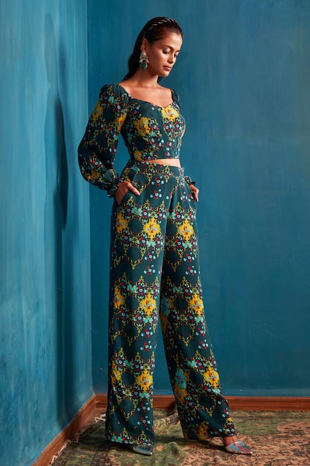 Nautanky Green Crepe Sweetheart Neck Floral Print Pant Set 