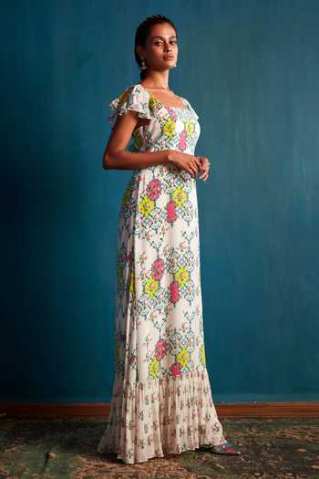 Nautanky White Crepe Square Neck Printed Maxi Dress Online at Aza Fashions Nautanky_White Crepe Square Neck Printed Maxi Dress _Online_at_Aza_Fashions