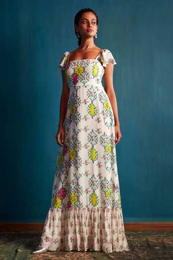 Buy Nautanky White Crepe Square Neck Printed Maxi Dress Online at Aza Fashions Buy_Nautanky_White Crepe Square Neck Printed Maxi Dress _Online_at_Aza_Fashions