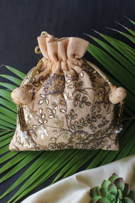 Nayaab By Sonia Beige Embroidery, Sequins, Gota Patti Jute Potli 