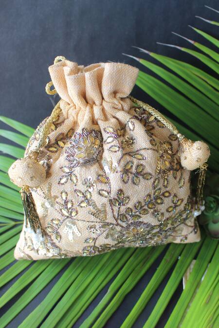 Nayaab By Sonia_Beige Embroidery, Sequins, Gota Patti Jute Potli _Online_at_Aza_Fashions