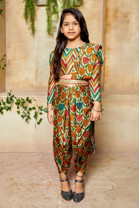 Label Ne'chi Green Nokia Silk Printed Dhoti Pant Set 