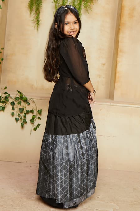 Label NE'Chi_Black Organza, Muslin Embroidery Jacket Lehenga Set_Online_at_Aza_Fashions
