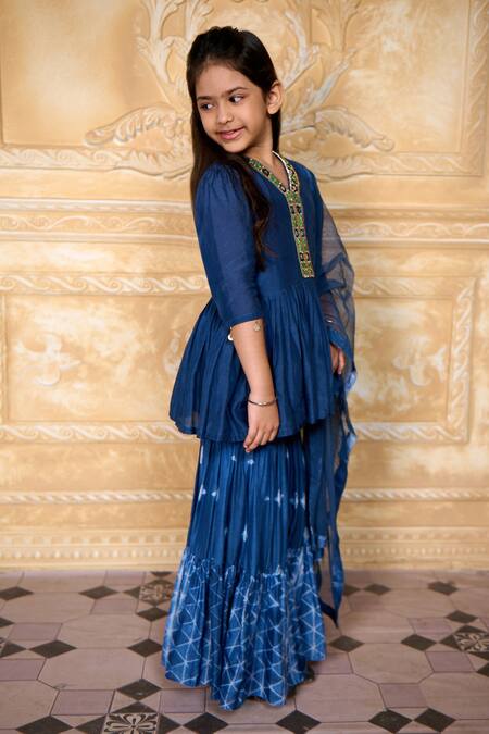 Label NE'Chi_Blue Muslin, Silk, Chiffon Embroidery Pleated Kurta Set_Online_at_Aza_Fashions