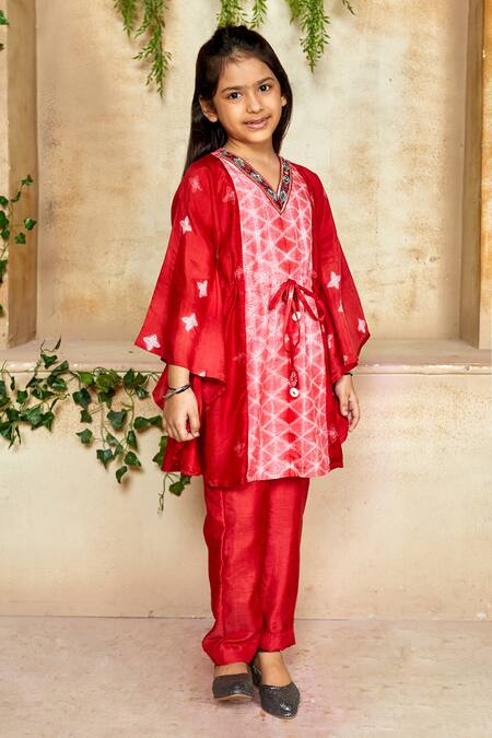 Shop_Label Ne'chi_Red Muslin Silk Shibori Kaftan And Pant Set  _at_Aza_Fashions