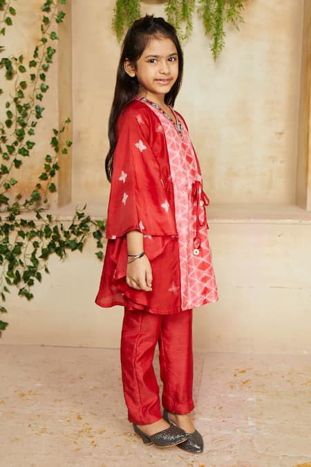 Label Ne'chi_Red Muslin Silk Shibori Kaftan And Pant Set  _Online_at_Aza_Fashions